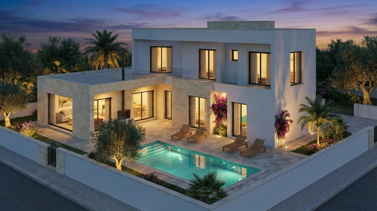 Calpe — vista de la piscina al atardecer